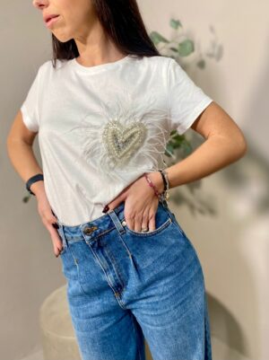 Maglietta con Cuore e Piume Bianco | T-shirt